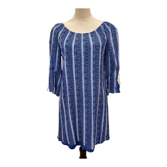 C by CHARMING CHARLIE SZ M Blue Striped Geometric Print 3/4 Sleeve Dress - Picture 1 of 8